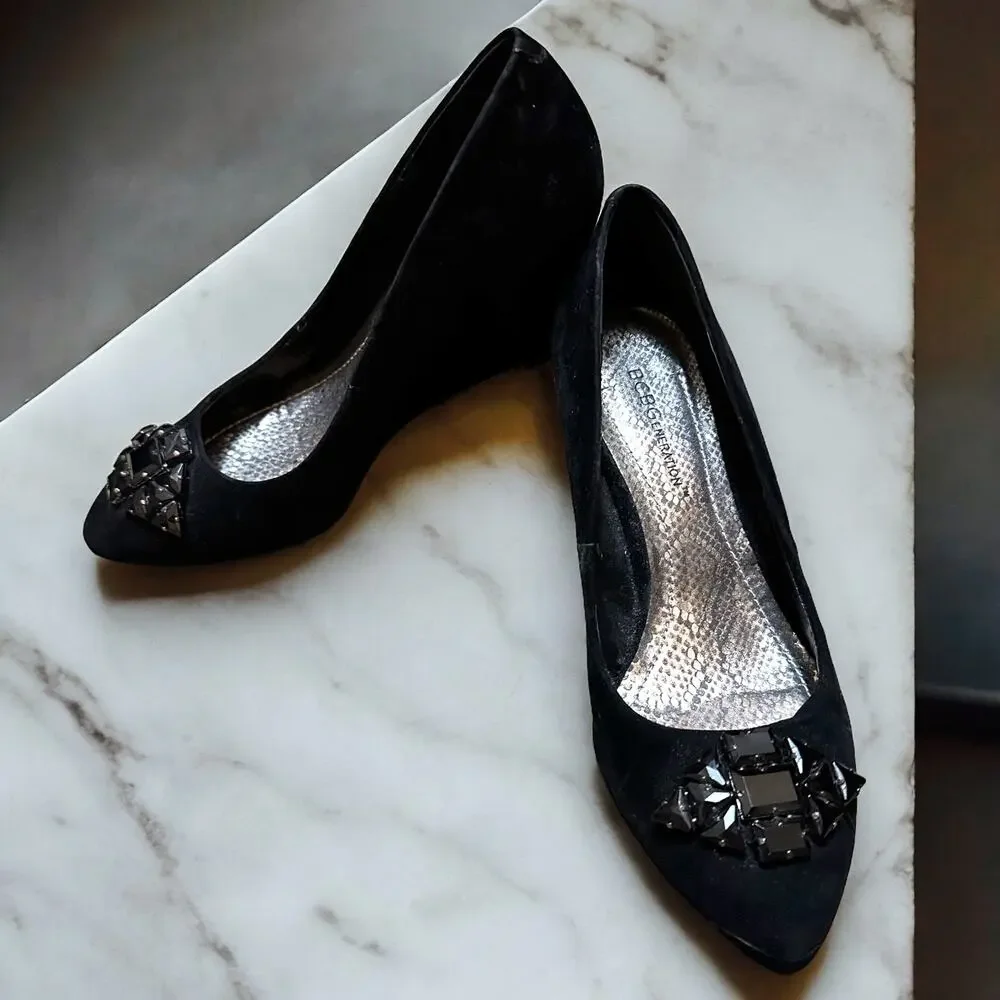 BCBGENERATION Jewel Embellished Wedge Velvet Pumps EUC